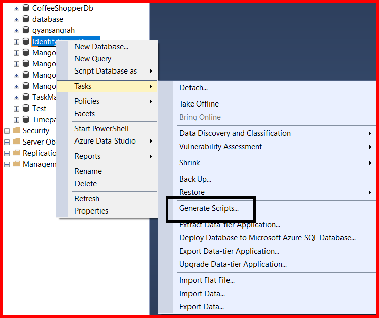 Picture showing the Generate Scripts... option inside the Task menu
